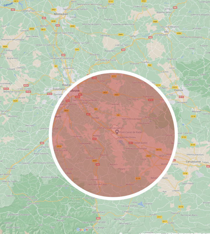 image carte centrée sur Toulouse et Villefranche de Lauragais
